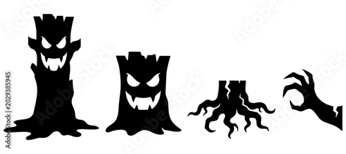 Fotografie Spooky halloween evil tree stumps and zombie hand black silhouette icon set