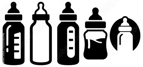 Foto Collection of baby feeding bottle icons, newborn milk and formula containers