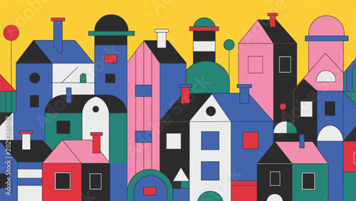 Colorful abstract cityscape illustration playful geometric houses packed closely together vector background