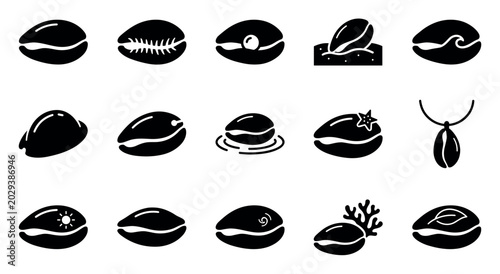 Collection of various stylized cowrie shell icons in solid black, depicting different forms and contexts in a clean graphic style