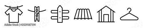 Various simple black line icons representing household items and outdoor elements, including a t-shirt on a line, a clothespin, a fence, a roof, a house, and a hanger