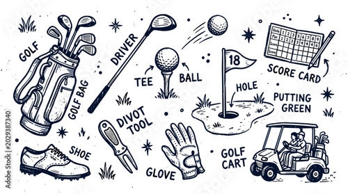 Hand-drawn golf equipment collection with various items like a golf bag, clubs, ball, tee, and score card, in a vintage sketch style