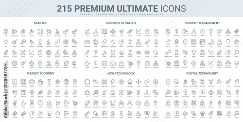 Slika na platnu Creative startup and project management, market and economy , digital technology thin black line icons set vector illustration