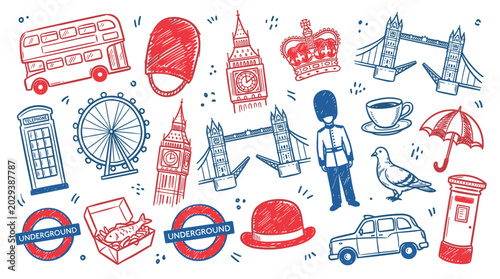 Various hand-drawn red and blue London themed doodles are scattered across a white surface in a playful, illustrative style
