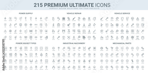 Картината върху платно Car parts store and motor vehicle repair, diagnostics line icon set