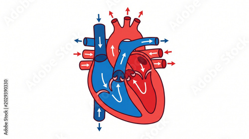 Human heart with blood circulation isolated on white background, cardiology concept, vector illustration