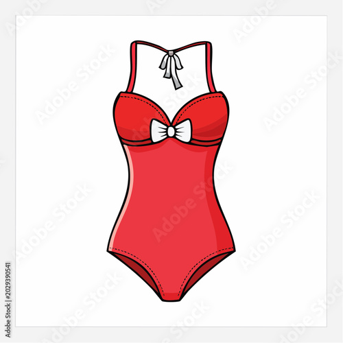 Red One-Piece Swimsuit with White Bow Detail