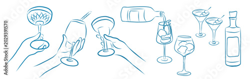Foto Amalfi doodle cocktail wine glass outline sketches hands holding glasses, bottle