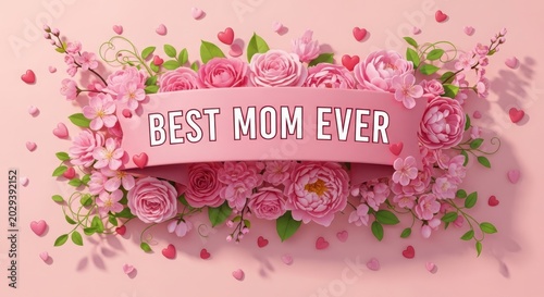 Beautiful floral arrangement pink roses hearts on pink background best mom ever text