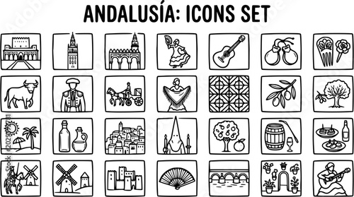 Andalusia Icons Set: Traditional Spanish Culture Symbols in Black and White Line Art