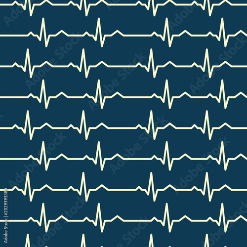 Canvastavla Neon ECG Heartbeat Seamless Pattern on Dark Blue Background