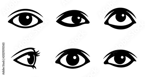 Obraz na plátne Diverse Eye Icons Set, Black and White Vector Graphics for Vision, Look, and Gaz