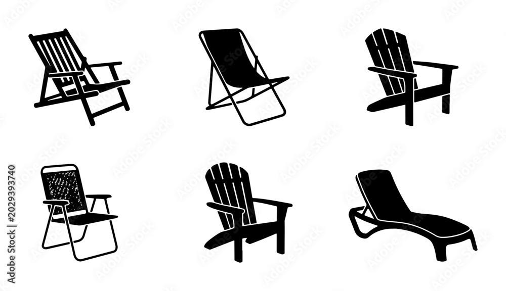 Fototapeta premium Outdoor Lounge Chairs Set, Beach Deck Patio Furniture Icons, Summer Relaxation Vector Collection