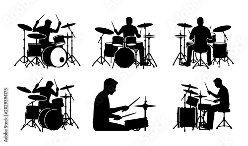 Fotografía Drummer Silhouettes, Set of 6 Vector Icons, Musician Playing Drums, Rock Band Pe