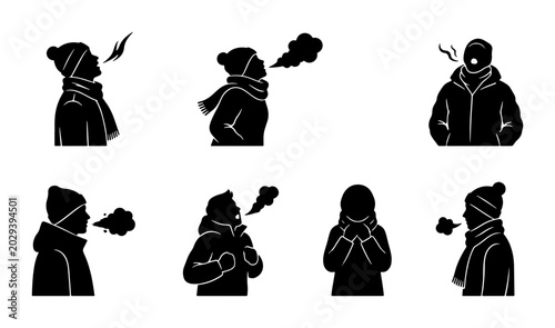 Schilderij op canvas Winter Cold Breath Icons, Frosty Air Exhale Silhouettes, Seasonal Weather Icons