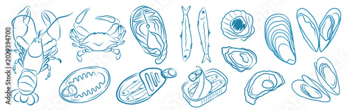 seafood outline Mediterranean italian lobster, crab, various fish, oysters, mussels and canned sardines anchovies hand drawn illustrations restaurant menu