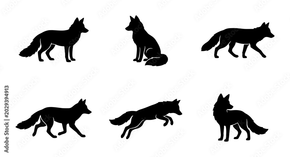 Obraz premium Six Black Fox Silhouettes, Vector Icons Set, Wild Animal Poses Collection