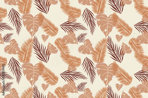 Boho Elegant seamless tropical pattern featuring palm leaves and monstera foliage deep soft beige tones. This botanical design brings a fresh summer vibe, perfect for fabric printing, fashion, 