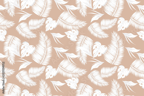 Boho Elegant seamless tropical pattern featuring palm leaves and monstera foliage deep soft beige tones. This botanical design brings a fresh summer vibe, perfect for fabric printing, fashion, 