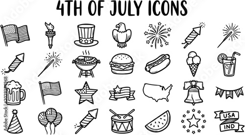 4th of July Icons - Black and White Line Art Collection for Independence Day Celebrations