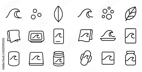 Nature and ocean vector icons with wave, leaf and bubbles for infographic design in outline style