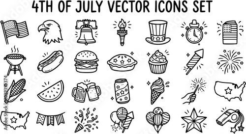 Black and White Line Art Icons Set for 4th of July Holiday Celebration - American Symbols and Food
