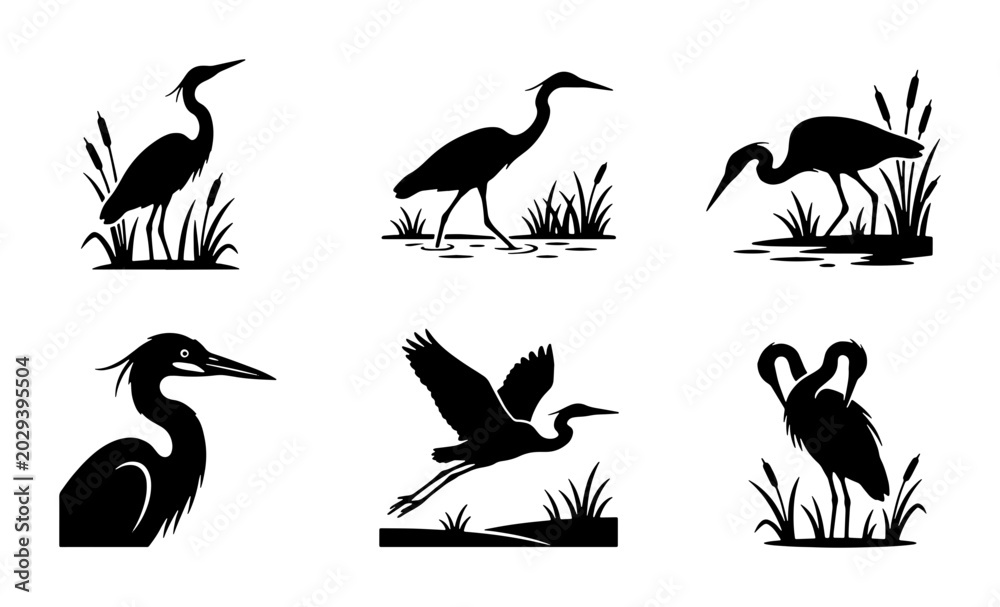 Fototapeta premium Heron Bird Silhouettes, Wildlife Vector Icons, Elegant Waterfowl Graphics, Nature Elements