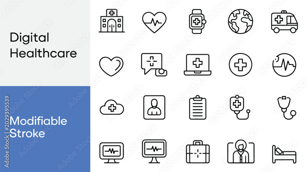 Naklejka premium Modern Digital Healthcare Line Icons Set for Medical Technology