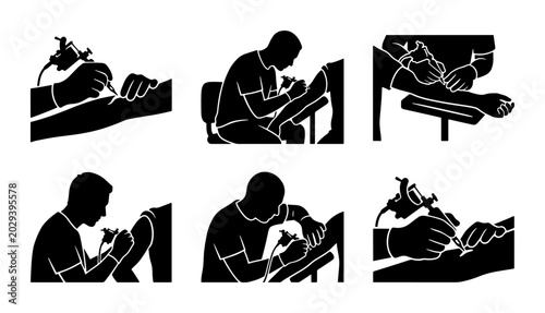 Foto Tattoo Artist at Work, Tattoo Machine Application, Body Art Process, Studio Sess