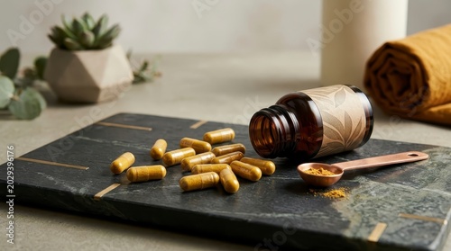 Herbal capsules and supplement bottle with natural decor