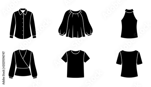 Photos Black Silhouette Tops Collection, Fashion Apparel Icons, Vector Garment Set for