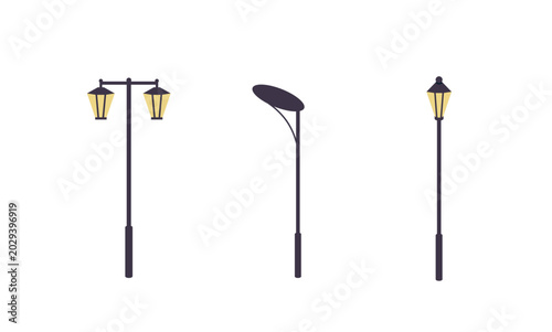 Street lamp posts set, classic old and modern style. Outdoor lighting, urban ...