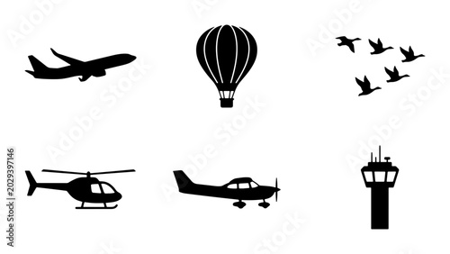 Tableau sur toile Aviation Icons Set: Airplane, Helicopter, Hot Air Balloon, Air Traffic Control T