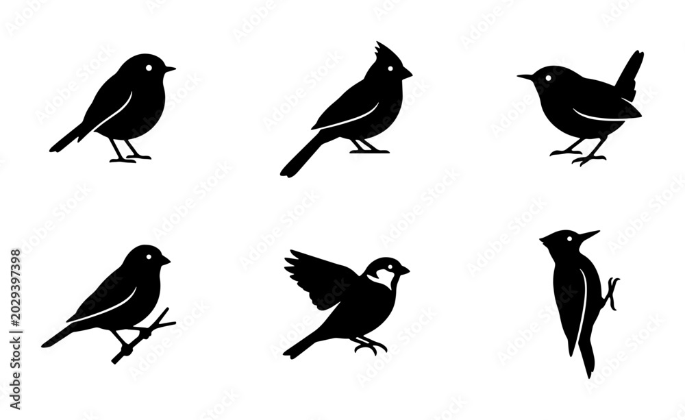 Fototapeta premium Six Silhouette Bird Icons, Vector Set: Cardinal, Wren, Sparrow, Woodpecker, Small Birds