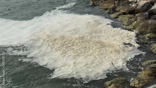 Dirty textured foam surface made by waves of water. Close-up view of shore of a lake, river or sea.