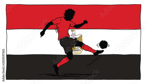 Fotografia Egyptian soccer player kicking a football against national flag background for s