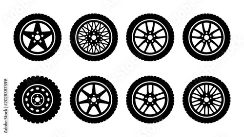 Photos Car Wheel Rims Vector Icons Set, Automotive Tire Designs, Vehicle Alloy Styles,