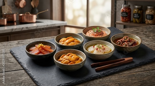 Gourmet seafood appetizers and tapas on rustic kitchen table