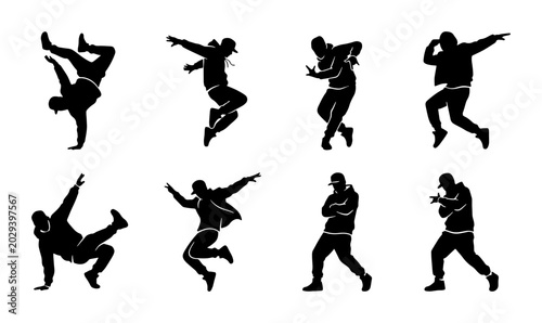 Foto Hip Hop Dancers Silhouettes, Breakdance Moves, Urban Street Dance Vector Set