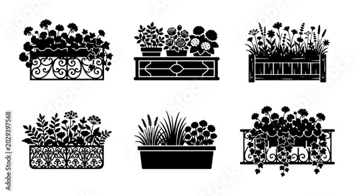 Foto Black Silhouette Flower Boxes, Floral Arrangements, Garden Planters, Decorative
