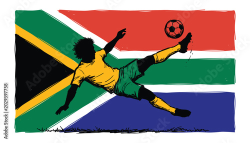 Soccer player performing dynamic kick against South African flag backdrop illustration