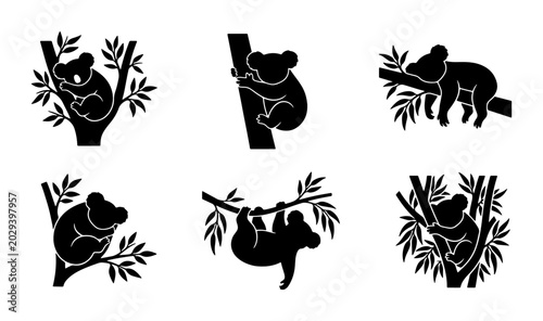 Foto Koala Icons Set, Australian Wildlife Vector Graphics, Cute Animal Silhouettes fo