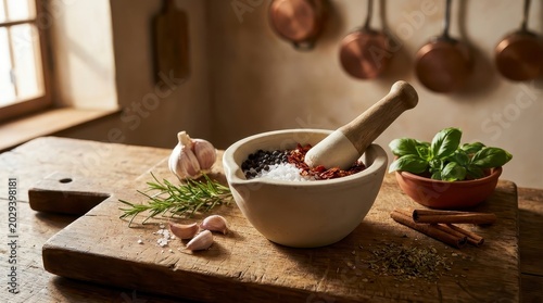 Fresh herbs and spices with mortar and pestle in rustic kitchen