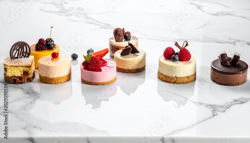 High resolution horizontal stock photo of assorted mini cakes with fruit and chocolate toppings on a marble surface
