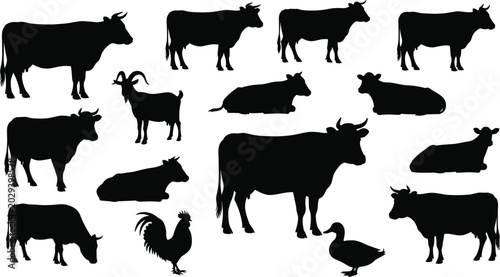 Tableau sur toile Farm animal silhouette set featuring cows goat rooster duck livestock collection