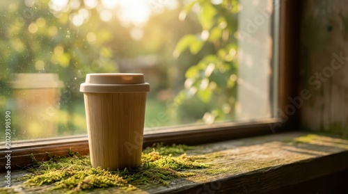Reusable coffee cup on mossy windowsill in golden sunlight