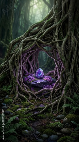 Mystical forest with glowing purple crystal in ancient tree roots