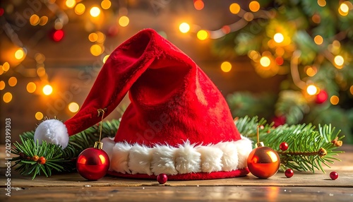 A Santa hat surrounded by Christmas decorations on a wooden table