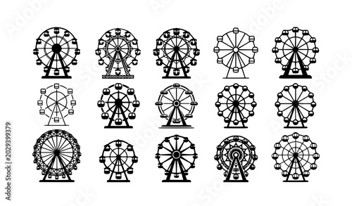 Bild auf Leinwand Black and white Ferris wheel silhouette vector set with carnival ride icons