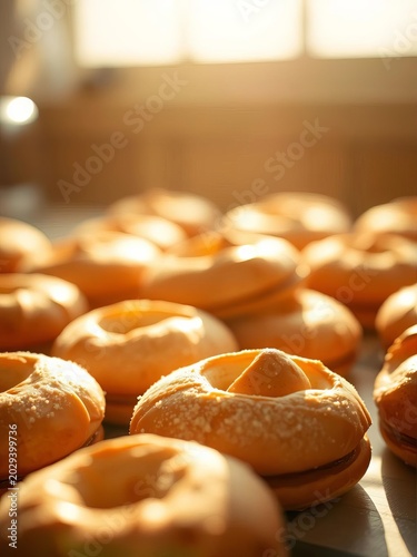 Sun-drenched pastries in hazy light, a nostalgic whisper of baker's dreams,  rustic, pastry